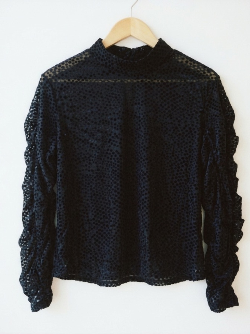 Avec Les Filles Black Velvet Burnout Polka Dot Mock Neck Ruffle Sleeve Top L